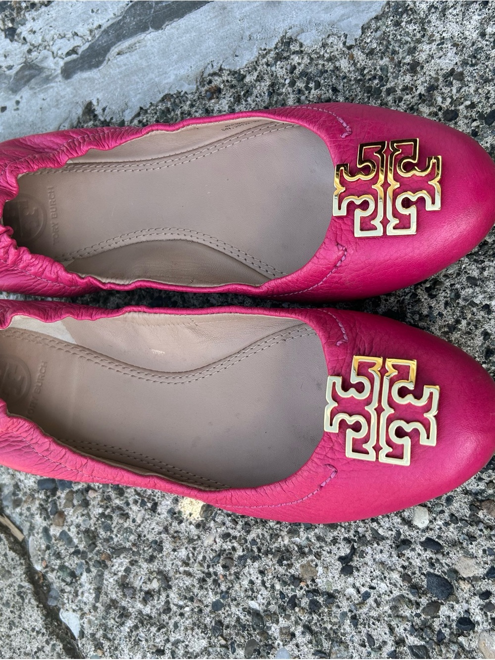 Tory Burch Hot Pink Leather Logo Ballet Flats